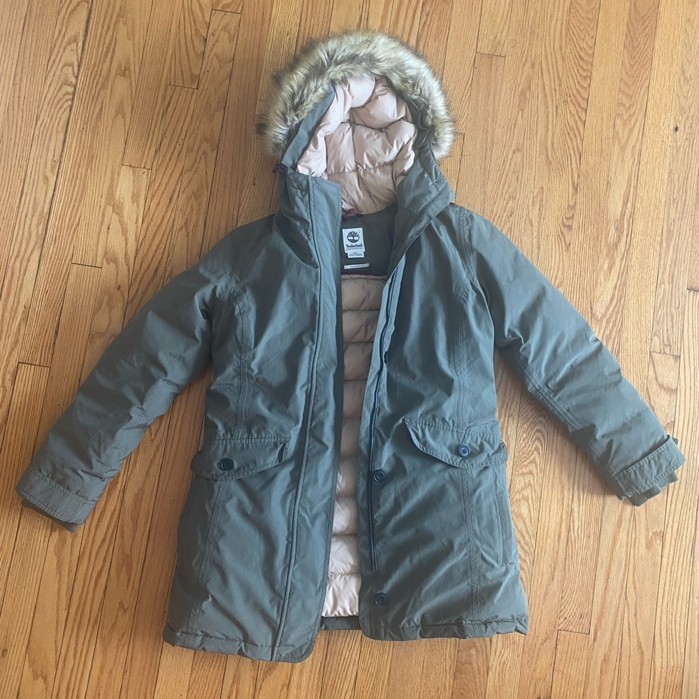 Army Khaki Green Timberland Coat with Detachable Hood and Fur Trim
